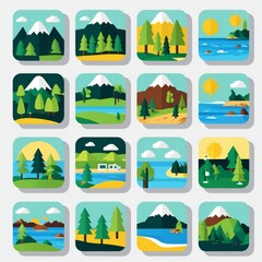 Fototapeta premium Collection of flat design landscape illustrations with mountains and trees