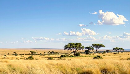 Fototapeta premium Serene African savanna landscape with golden grass and scattered acacia trees under blue sky
