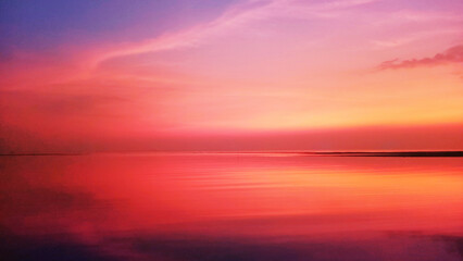 Fototapeta premium Sea beach sunset, ocean sunrise, beautiful tropical island landscape, red orange sky, blurred natural background, golden reflection on calm water, idyllic peaceful atmosphere, summer holiday, vacation