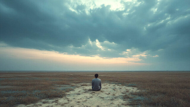 Lonely man sitting on a path in an empty landscape under a vast cloudy sky facing the horizon. Concept of existential crisis, isolation, uncertainty and searching for purpose in life direction.