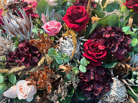 Colorful Floral Bouquet with Roses and Protea Arrangement
