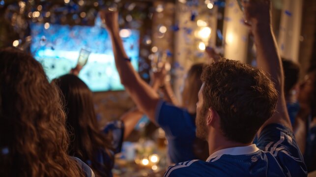 Friends cheering, throwing confetti, and enjoying a sports victory at home