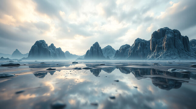 Cinematic 3D Surreal Landscape of Misty Karst Mountains Reflected in an Impossible Glass Plain, Depicting Parallel Worlds Beneath.