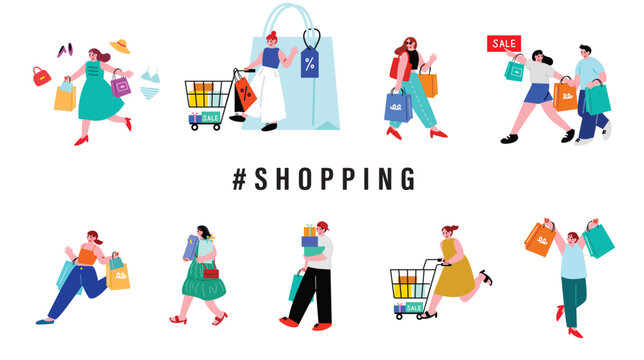 買い物を楽しむ人々のイラストセット
