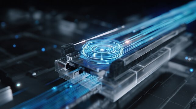 Cross-section of a hall effect keyboard switch, visible magnet and sensor interaction, glowing magnetic field lines illustrating keystroke detection, dark background with subtle blue highlights