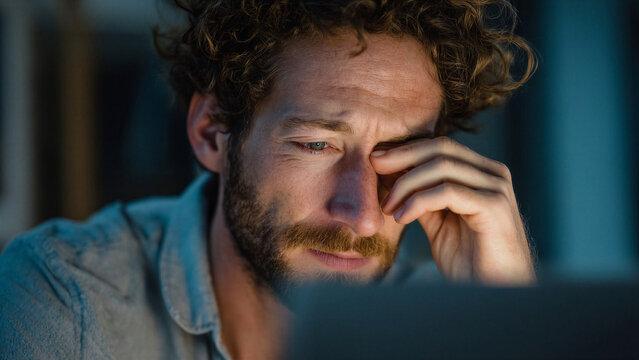 Stressed man rubbing his eyes while working late at night in front of a glowing screen. Concept of emotional burnout, digital overload, insomnia and mental fatigue from modern work pressure.
