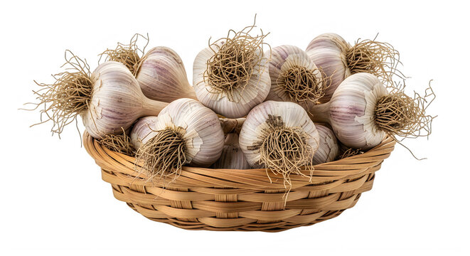 Fresh garlic bulbs in a woven basket on white background transparent background