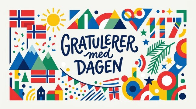 Modern Nordic composition with bold handwritten &ldquo;Gratulerer med dagen&rdquo;