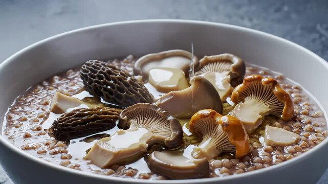 Gourmet Buckwheat Porridge With Assorted Wild Mushrooms in a White Bowl