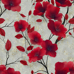 Fototapeta premium Elegant red flower pattern with crimson petals and delicate black branches on textured gray background with gold speckles, creating luxurious and festive atmosphere
