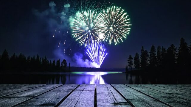 Scenic display of colorful fireworks exploding over a lake on a dark night with reflection and wooden deck