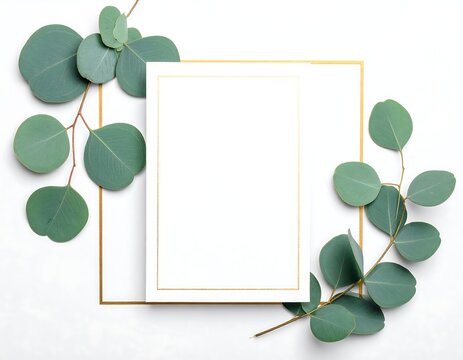 A white card with gold border surrounded by green leaves