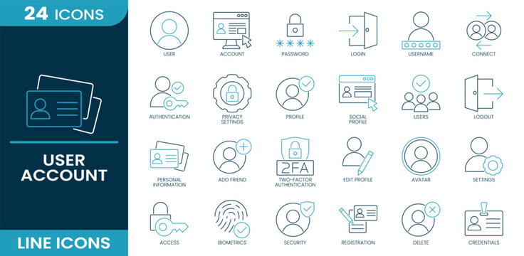 User account icon set. User, account, login, password, authentication, profile, settings, security, registration, biometrics, credentials and more. Line vector icons collection.