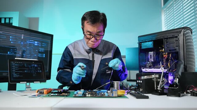 Senior technician performing PCB soldering and diagnostics with multimeter in electronics lab, showcasing hardware engineering