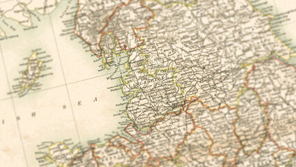 Naklejka premium Macro View of Vintage Map Highlighting Lancashire England with Detailed Regional Cartography