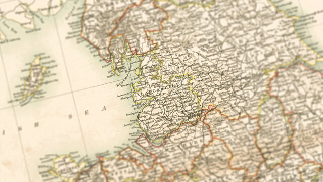 Macro View of Vintage Map Highlighting Lancashire England with Detailed Regional Cartography
