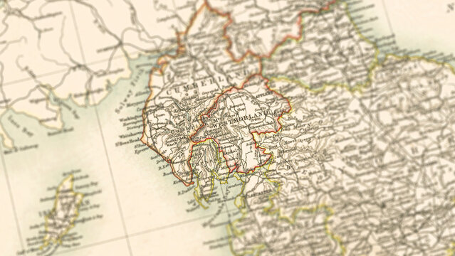 Macro View of Vintage Map Highlighting Westmorland and Furness Shire England with Geographic Details