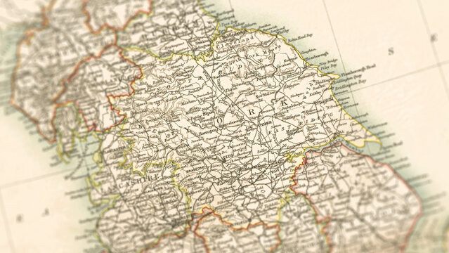 Vintage Map of Yorkshire England with Cities and Rivers