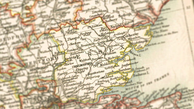 Macro View of Vintage Map Highlighting Essex Shire England with Detailed Regional Cartography