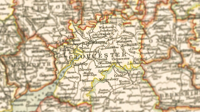 Macro View of Vintage Map Highlighting Gloucestershire England with Detailed Regional Cartography