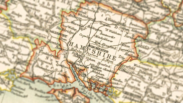 Macro View of Vintage Map Highlighting Hampshire England with Detailed Regional Cartography