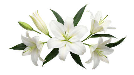 Beautiful white lily flowers and green leaves arranged elegantly, isolated on a transparent...