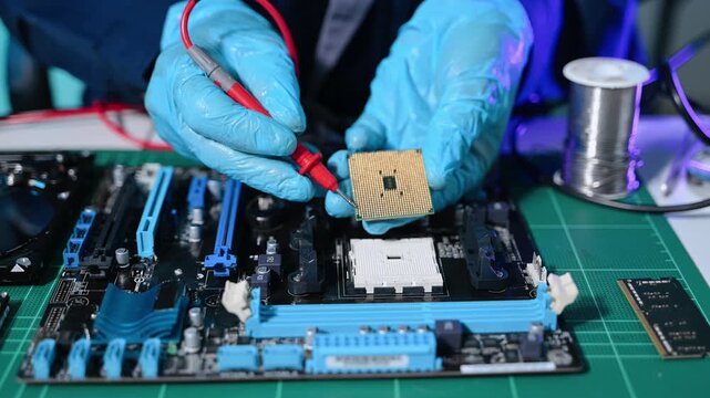 The technician is putting the CPU on the socket of the computer motherboard. electronic engineering electronic repair, electronics measuring and testing, repair