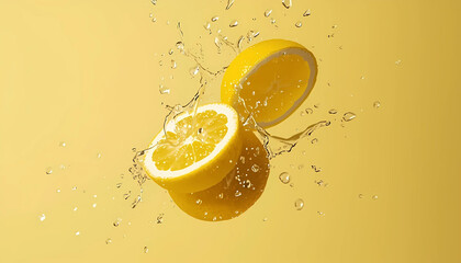 A vibrant lemon splashing into water with droplets flying everywhere