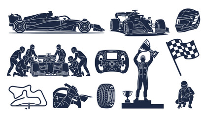 Obraz premium Grand Prix Motorsport Icon Set including Pit Crew and Racing Equipment