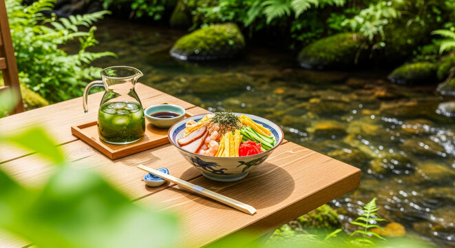 新緑の清流と冷やし中華