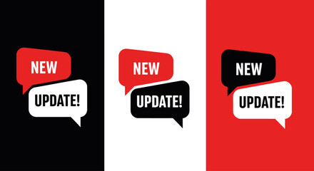 Three colorful speech bubbles with 'NEW UPDATE!' text on black, white, and red backgrounds © womaura