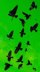 Fototapeta premium A flock of birds in flight against a vibrant green background