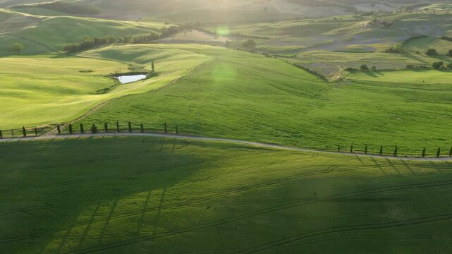 Aerial View of Terrapille Farm Road and Rolling Hills in Tuscany, Italy