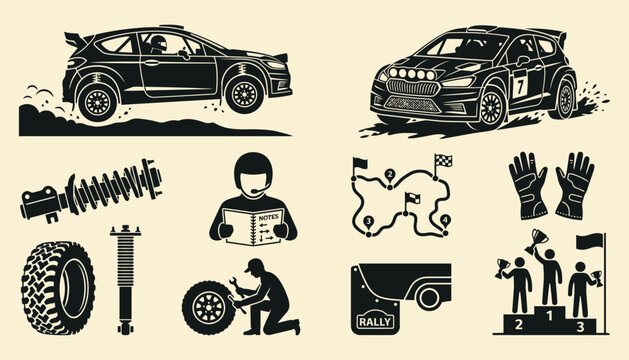 Rally car racing icons and symbols set in black and white silhouette style