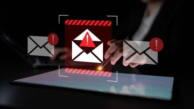 Image illustrates digital security alerts for suspicious emails, highlighting the importance of cybersecurity in modern technology and digital communication environments. Gantry
