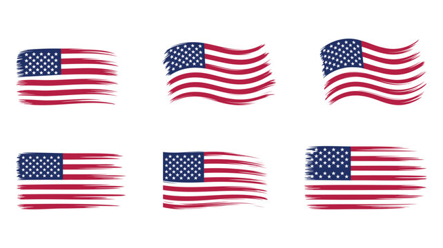 Set of distressed american flag icons with grunge brush stroke texture.