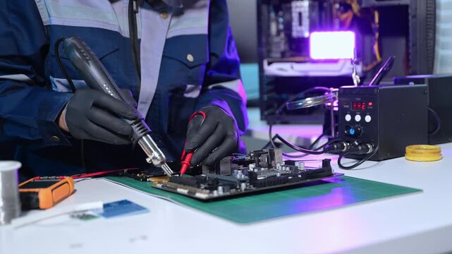 Senior technician performing PCB soldering and diagnostics with multimeter in electronics lab, showcasing hardware engineering