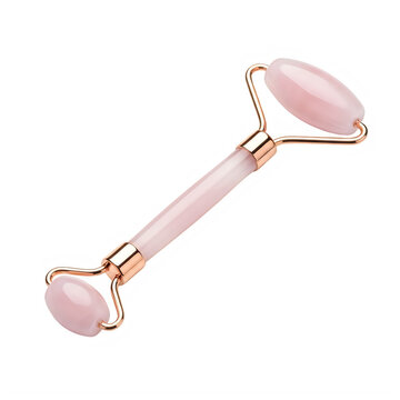 Rose quartz face roller for skincare routine, pink crystal facial massager with gold metal frame, beauty tool for anti-aging and lymphatic drainage isolated on White Background