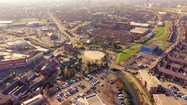 Ultra-wide 4K 60FPS aerial video of C.S. Lewis Square on the Newtownards Road in East Belfast, Northern Ireland in the UK. Produced in 3840x2160 ratio and with Rec709 color.