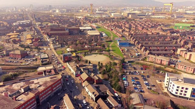 Wide rotating 4K 60FPS aerial video of C.S. Lewis Square on the Newtownards Road in East Belfast, Northern Ireland in the UK. Produced in 3840x2160 ratio and with Rec709 color.