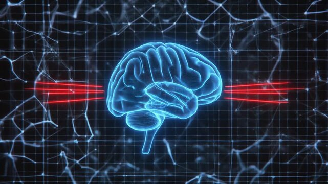 Neural pathways and brain activity visualization with futuristic energy beams
