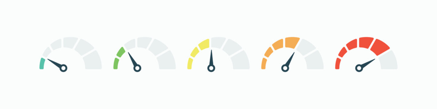 Five progress indicators show gradual increase. Minimalist design uses soft pastel to red gradients. Each gauge features a pointer showing current level