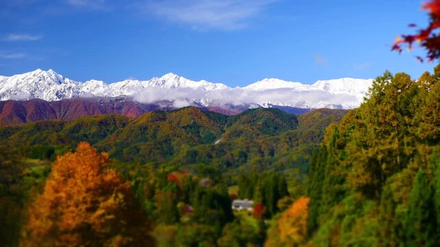 晩秋の色づく里山と冠雪したばかりの北アルプス　ジオラマ撮影　パン　タイムラプス
