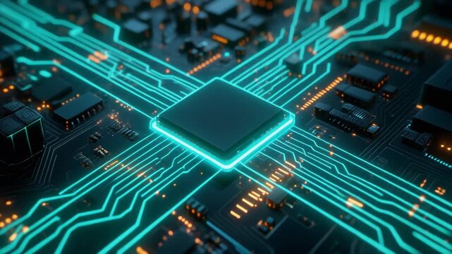 Intricate close-up of a futuristic computer processor on a circuit board