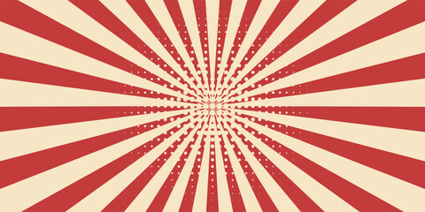 Red sunburst lines on yellow Background. Light sun rays pattern. Vintage stripes halftone radial wallpaper for poster, banner, advertising backdrop, comic or circus scene. © ibra