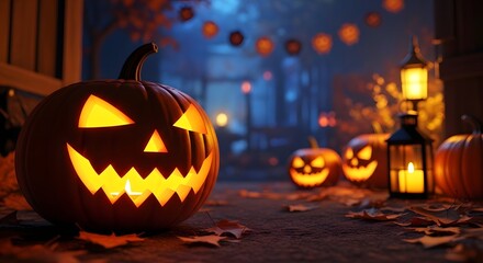 Obraz premium Glowing jack o lanterns on a porch with lanterns and autumn leaves on a spooky halloween night with pumpkins