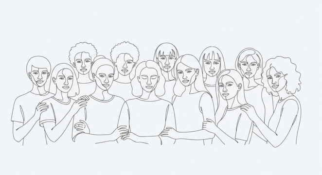 Line art depiction of a group of people in a huddle.