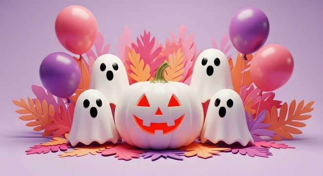 A group of ghosts and a jackolantern surrounded by colorful leaves and balloons on a purple background for halloween