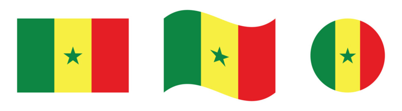 Senegal National Flag Collection Flat, Waving and Circular Vector Set.