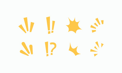 Bright yellow symbols burst across a clean white background. Exclamation marks, question marks, and star bursts express excitement or surprise. Vibrant shapes convey energy, urgency © rochmuch